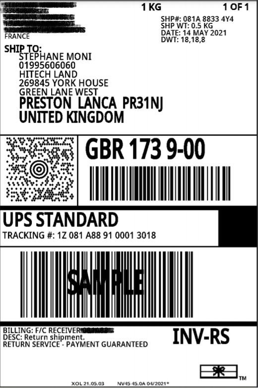 Prepaid shipping label