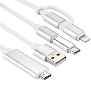 Câble adaptateur 3 en 1 Micro USB et 8 broches et Type-C vers HDMI HD 1080P HDTV